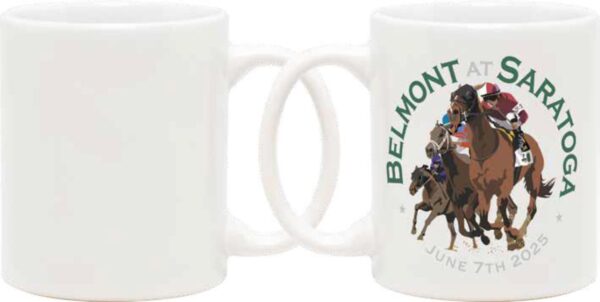 Whit mug-features 3 race horse- Belmont at Saratoga- June 7th 2025