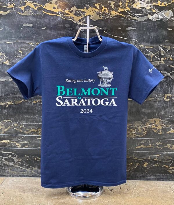 Navy tee shirt- Racing in history-Belmont-Saratoga springs- 2024