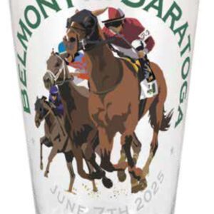 Clear pint glass-features 3 race horse- Belmont at Saratoga- June 7th 2025