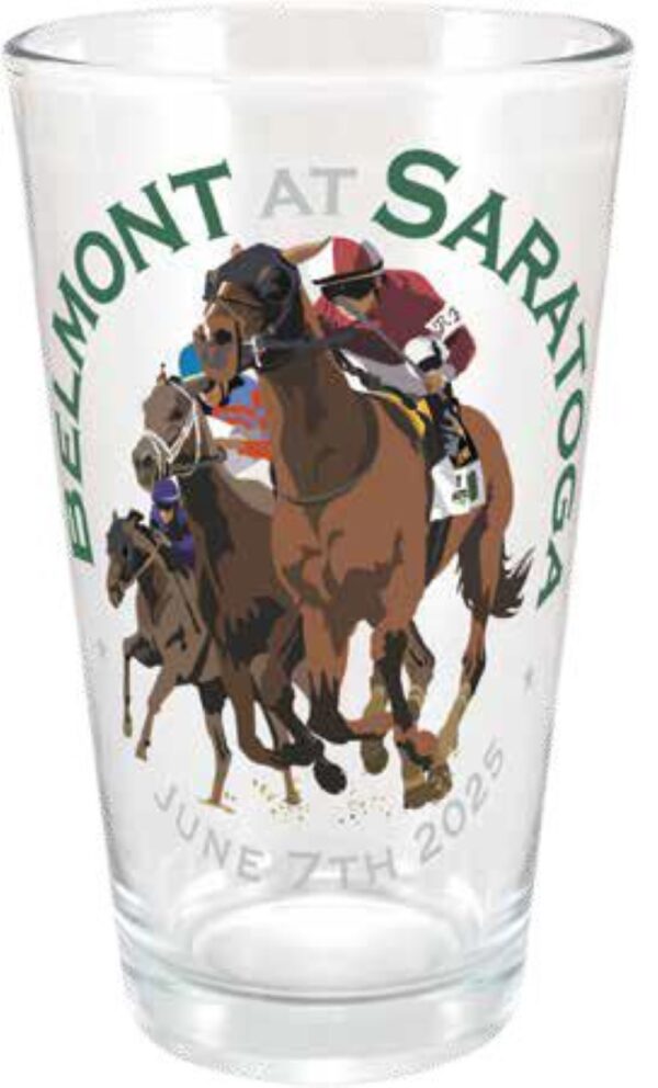 Clear pint glass-features 3 race horse- Belmont at Saratoga- June 7th 2025