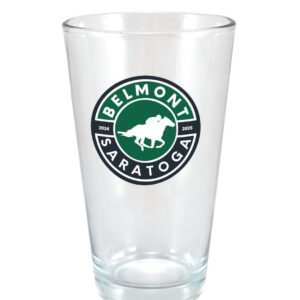 Clear -pint size glass-green and black label-Belmont-Saratoga- Running horse in-between- 2024-2025
