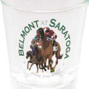 Clear shot glass-features 3 race horse- Belmont at Saratoga- June 7th 2025