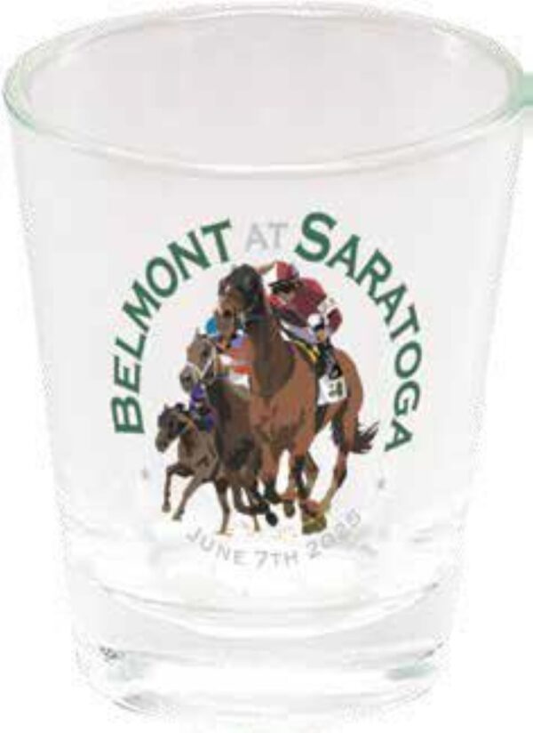 Clear shot glass-features 3 race horse- Belmont at Saratoga- June 7th 2025