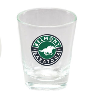 Clear -shot glass-green and black label-Belmont-Saratoga- Running horse in-between- 2024-2025