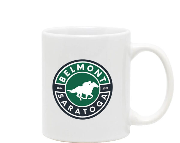 White diner mug-green and black label-Belmont-Saratoga- Running horse in-between- 2024-2025