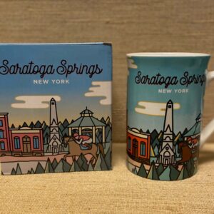 Ceramic mug showing drawings of Saratoga Springs NY in pastel colors