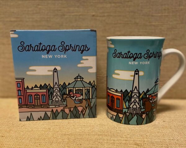 Ceramic mug showing drawings of Saratoga Springs NY in pastel colors