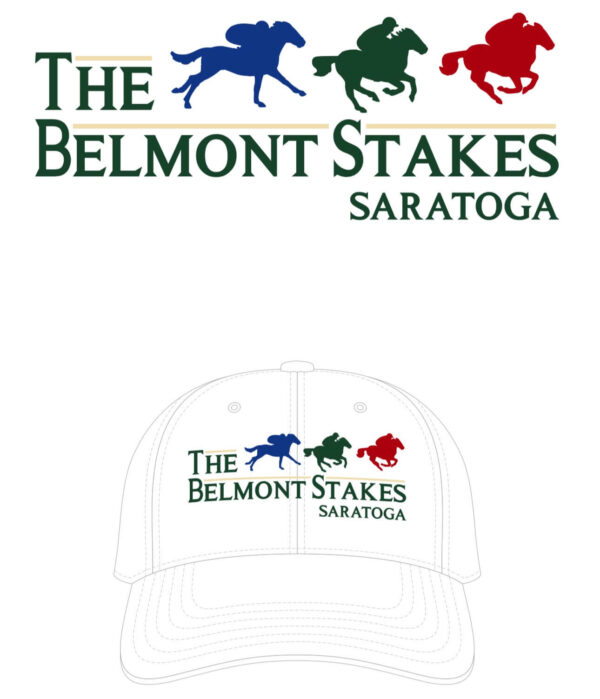 White baseball cap-THE BELMONT STAKES SARATOGA- 3 Horses- blue-green-red