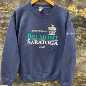 Navy crew sweatshirt-Belmont trophy- Belmont in green- Saratoga in white across chest