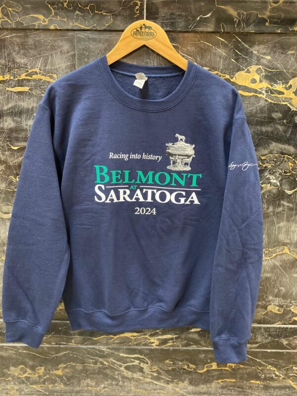 Navy crew sweatshirt-Belmont trophy- Belmont in green- Saratoga in white across chest