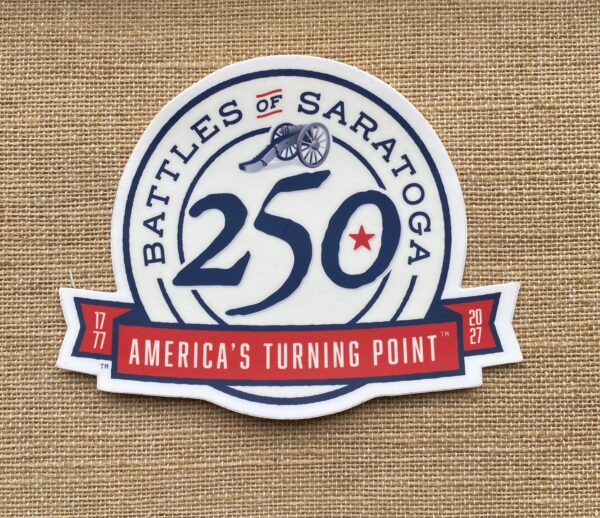America's Turning Point- 1777-2027- Battles of Saratoga- white sticker- blue letters- red banner