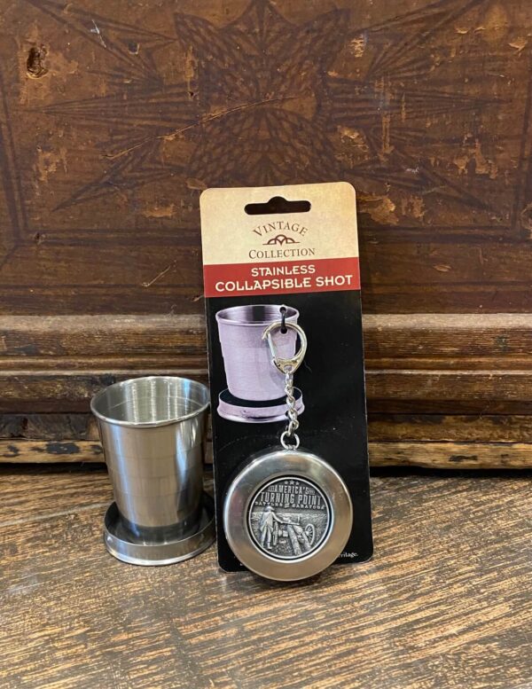 Collapsible Shot glass in stainless steel -Features American Turning Point pewter emblem
