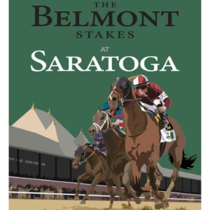 The Belmont Stakes at Saratoga poster featuring the win-place-show horses from last year. Green background
