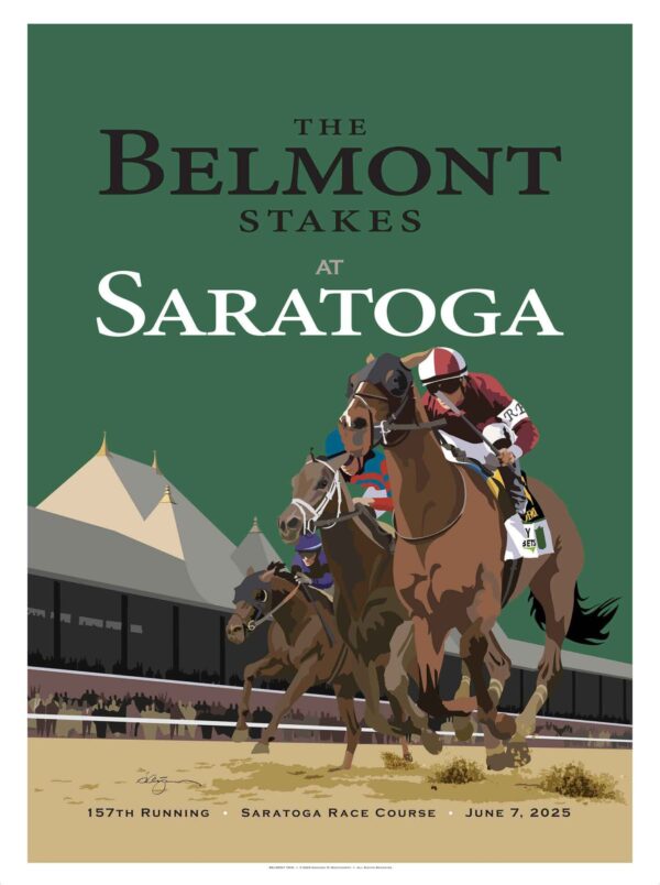 The Belmont Stakes at Saratoga poster featuring the win-place-show horses from last year. Green background