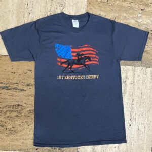 Heathered blue t-shirt-short sleeves-American flag on chest with a black horse- 151 Kentucky Derby below