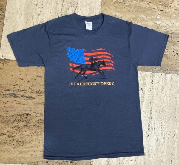 Heathered blue t-shirt-short sleeves-American flag on chest with a black horse- 151 Kentucky Derby below