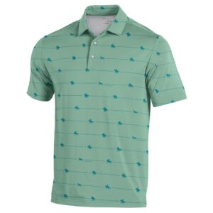 Light green collared polo. Dark green wide stripes-dark green horses and Saratoga running along stripes