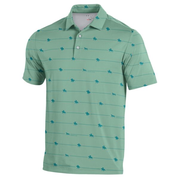 Light green collared polo. Dark green wide stripes-dark green horses and Saratoga running along stripes