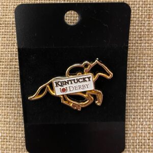 Kentucky derby 2025 lapel pin- gold outline of racehorse- white rectangular plate featuring Kentucky Derby and horseshoe