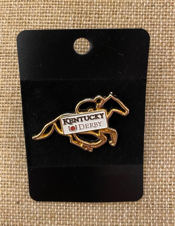 Kentucky derby 2025 lapel pin- gold outline of racehorse- white rectangular plate featuring Kentucky Derby and horseshoe