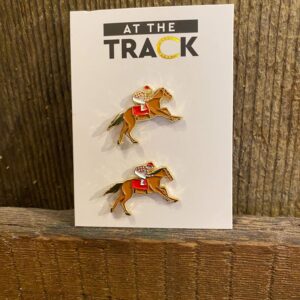 Race horse earrings displayed on a white card-brown horse-jockey wearing red and white silks