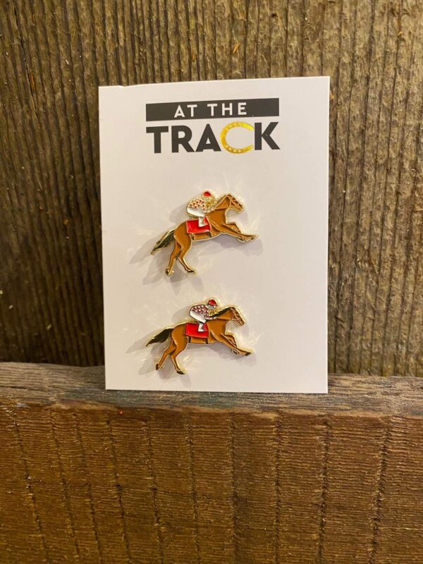 Race horse earrings displayed on a white card-brown horse-jockey wearing red and white silks