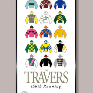Poster-features- white background- 15 different jockey silks- Travers-156th Running-Saratoga 2025- 40th anniversary