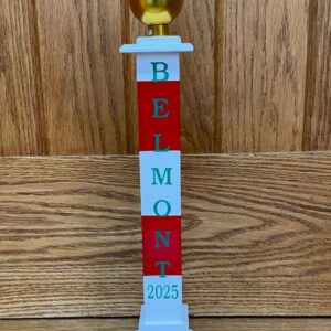Desk Top Quarter Pole- Red and white stripes- Green letters "Belmont" - 2025- Gold ball on top