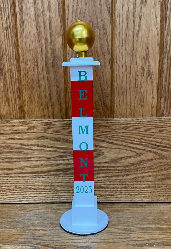 Desk Top Quarter Pole- Red and white stripes- Green letters "Belmont" - 2025- Gold ball on top