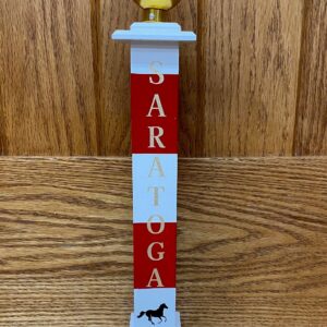 Desk Top Quarter Pole- Red and white stripes- Gold letter "SARATOGA" - black horse- Gold ball on top