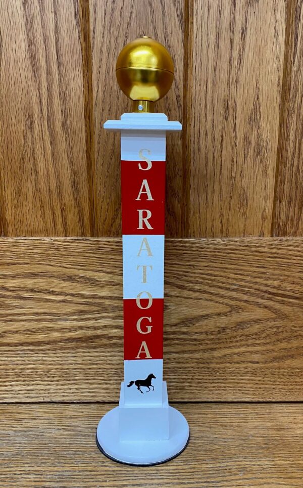 Desk Top Quarter Pole- Red and white stripes- Gold letter "SARATOGA" - black horse- Gold ball on top