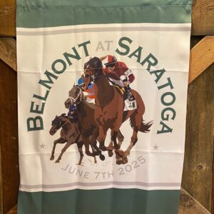 Belmont in Saratoga outdoor flag- green banner on top and bottom-white middle of flag-3 racehorses