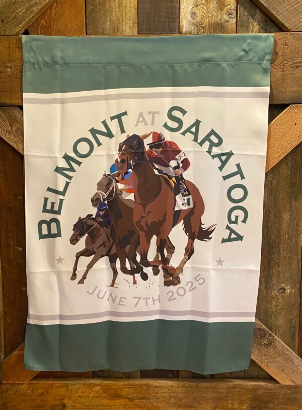 Belmont in Saratoga outdoor flag- green banner on top and bottom-white middle of flag-3 racehorses