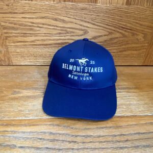 Navy ball cap- white and gold text-2025-belmont stakes-saratoga-new york- gold horse