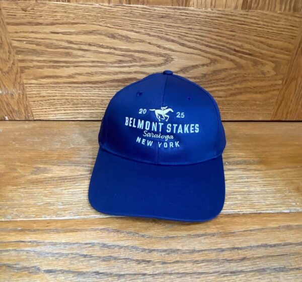 Navy ball cap- white and gold text-2025-belmont stakes-saratoga-new york- gold horse