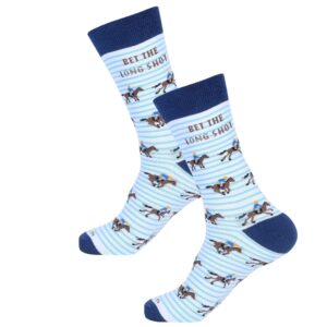 White socks-light blue stripes-dark blue trim- brown horses all over- Bet The Long Shot- brown letters