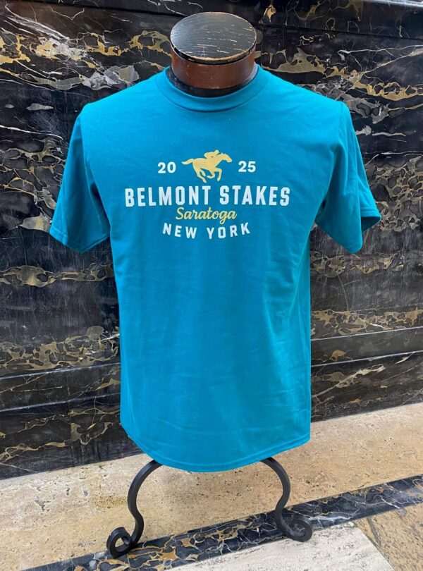 teal t-shirt- white and gold text-2025-belmont stakes-saratoga-new york- gold horse