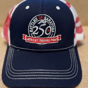 Red white blue Trucker cap- front navy blue- Battle of Saratoga-250-Americas Turning Point- mesh back with Velcro closure-American flag on mesh