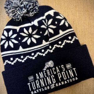 Navy pom pom beanie- white snowflakes-1777-2027 Americans Turning Point- Battles of Saratoga