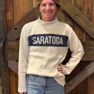 Natural sweater-Navy band across chest with SARATOGA in natural