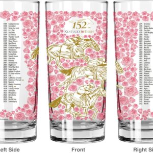 2026 derby glass- 3 views- roses all over glass-gold horses